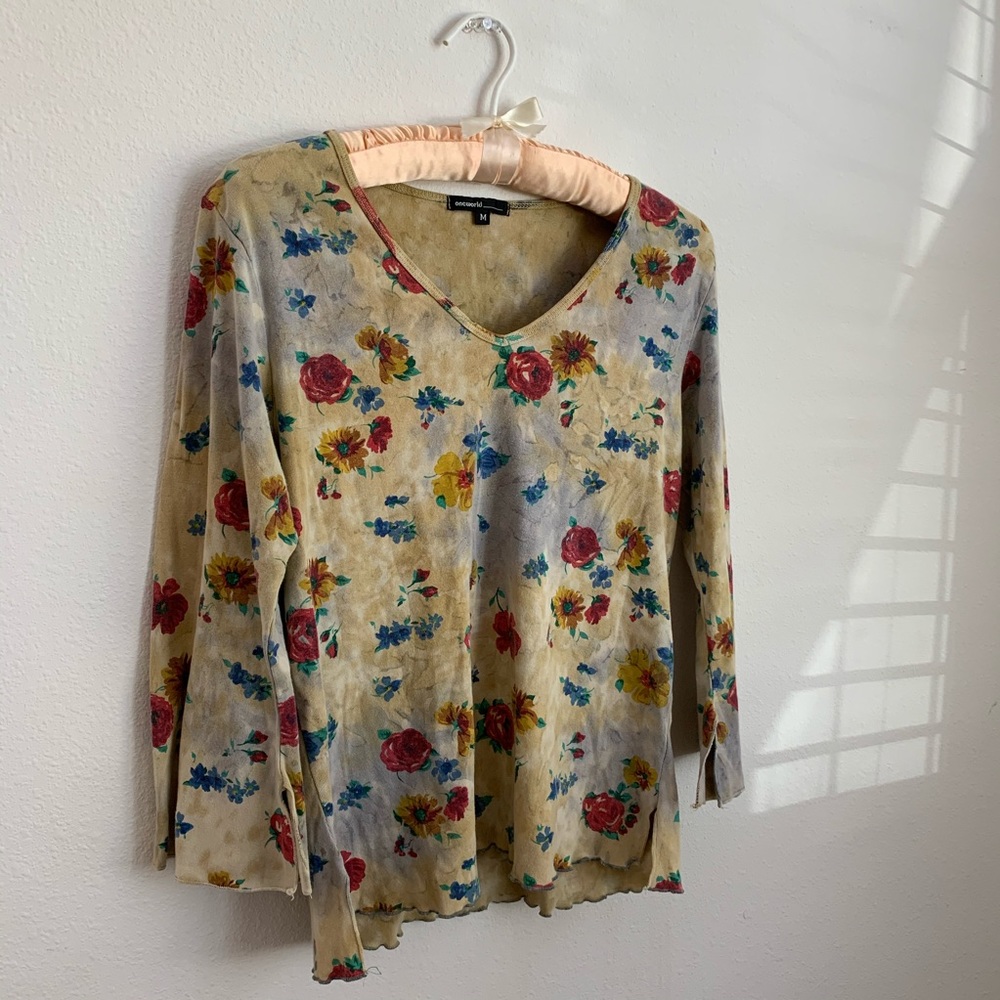 VTG 90s Acid Wash 3/4 Sleeve Floral Shirt